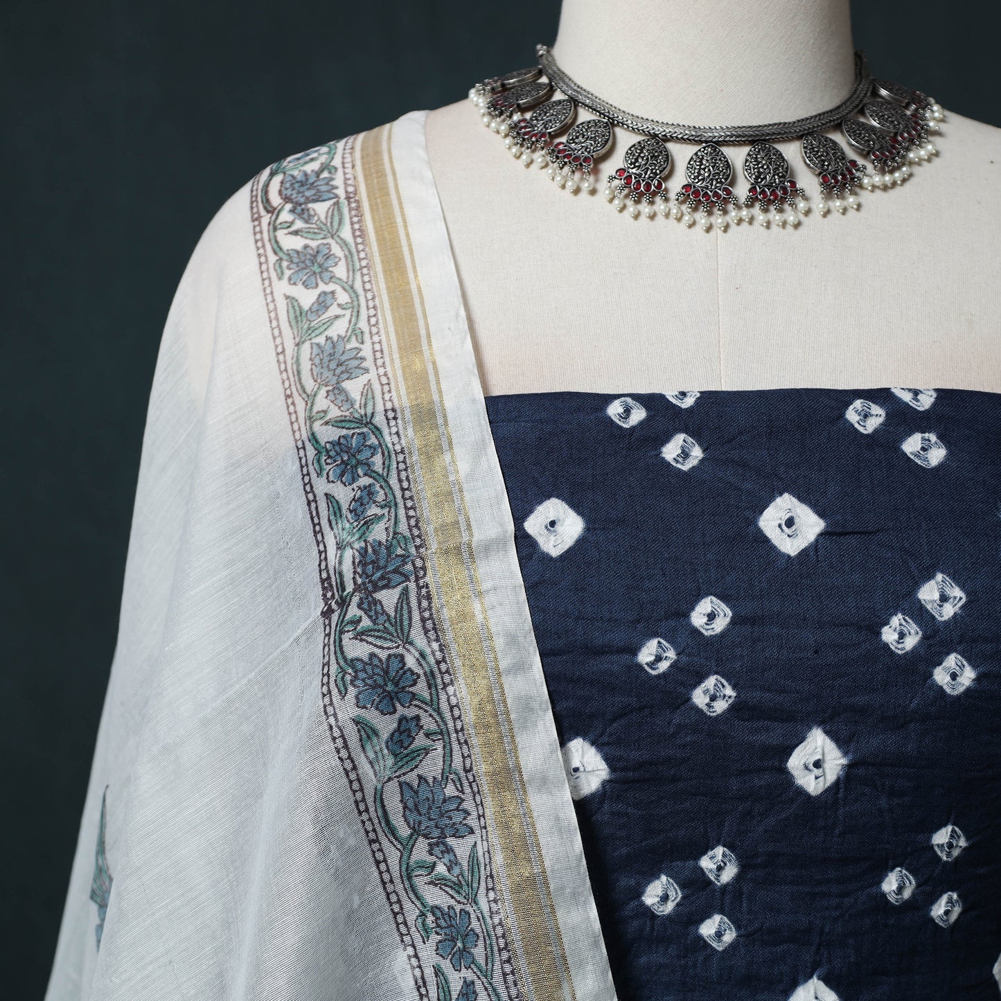 Kutch Bandhani Cotton 2pc Unstitched Dress Material Kurta Set with Earrings 28