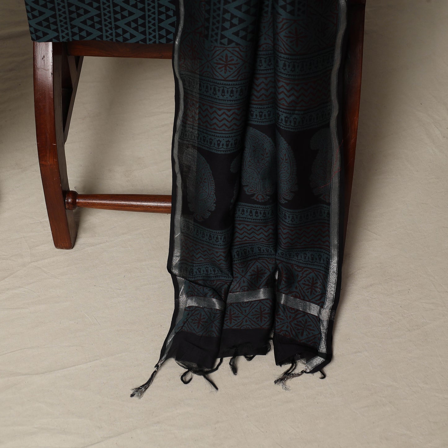 Bagh Hand Block Print Natural Dyed Chanderi Silk 3pc Unstitched Dress Material Suit Set 06