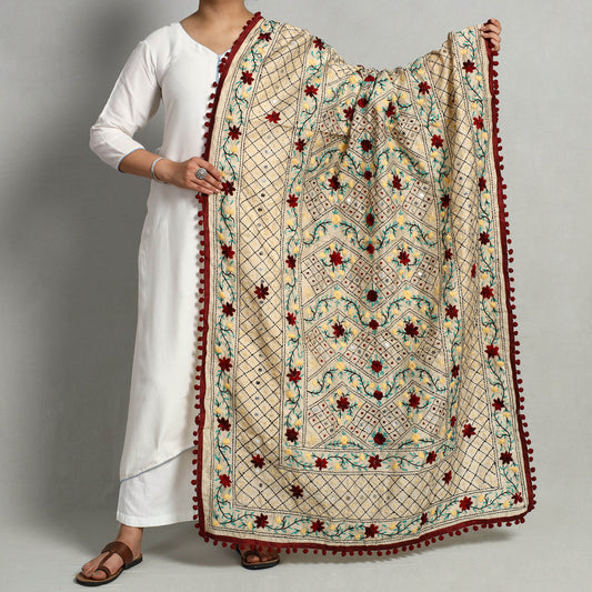 Brown - Ranihati Chanderi Silk Chapa Work Phulkari Embroidered Dupatta with Pom Pom