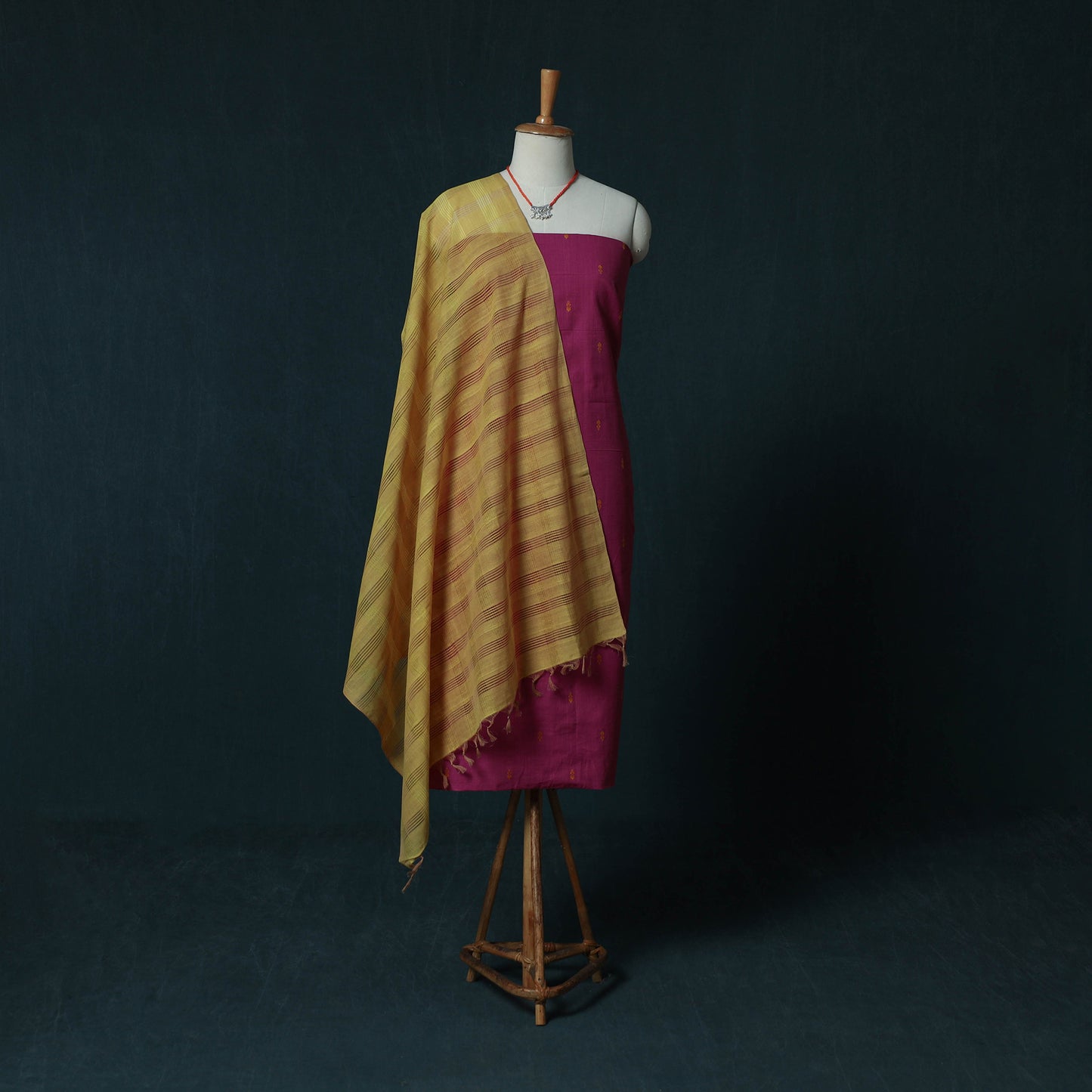 Jacquard Cotton 2pc Unstitched Dress Material Kurta Set with Jewellery Set 04