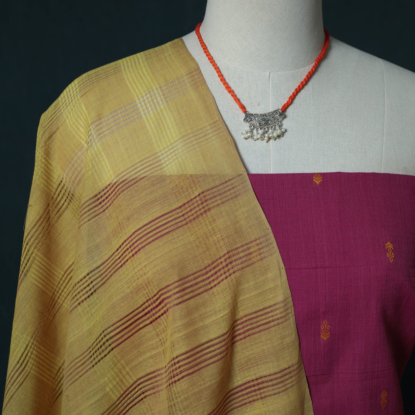 Jacquard Cotton 2pc Unstitched Dress Material Kurta Set with Jewellery Set 04