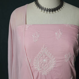 Pink - Lucknowi Chikankari Hand Embroidered Cotton 3pc Unstitched Dress Material Suit Set 44