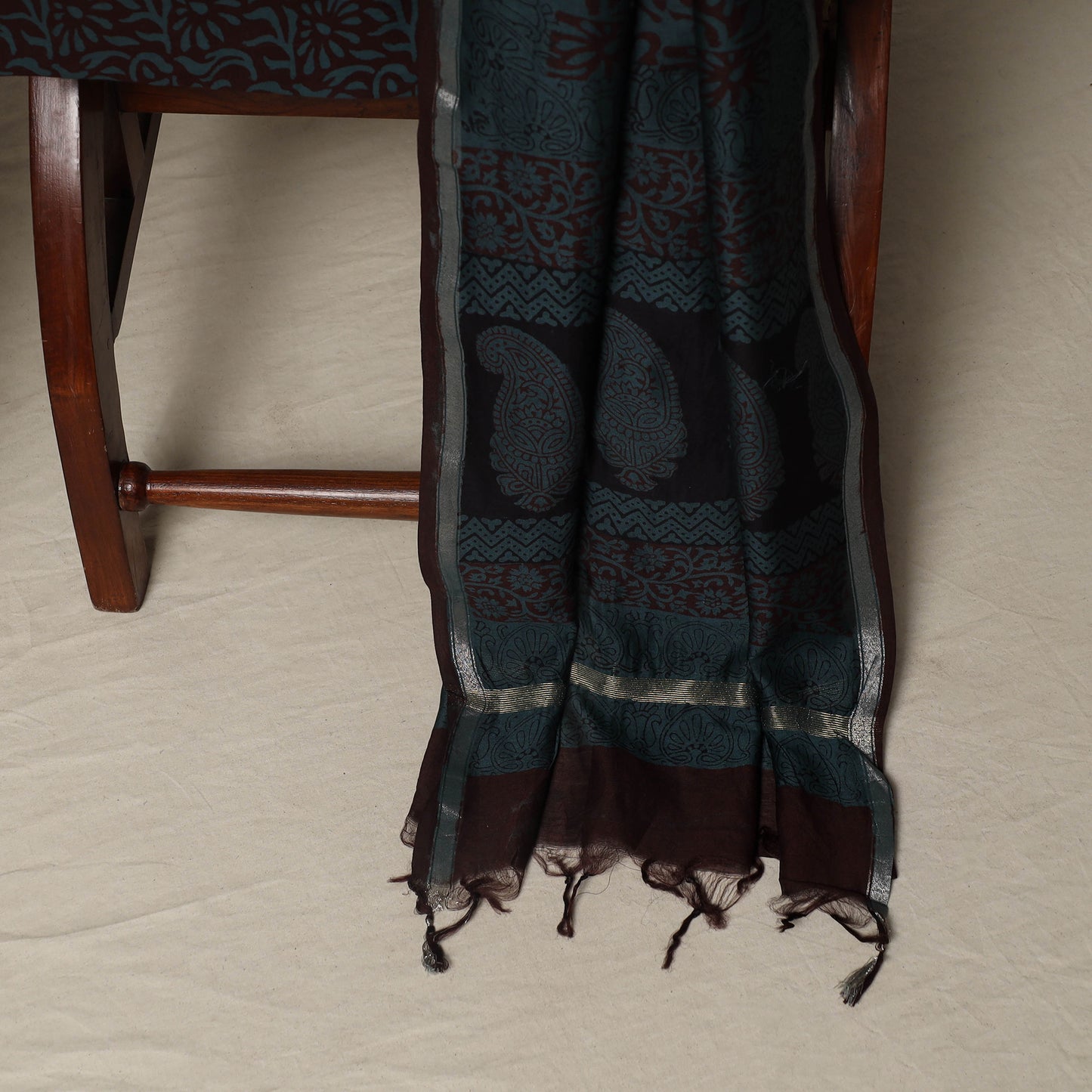 Bagh Hand Block Print Natural Dyed Chanderi Silk 3pc Unstitched Dress Material Suit Set 05