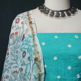 Kutch Bandhani Cotton 2pc Unstitched Dress Material Kurta Set with Earrings 29