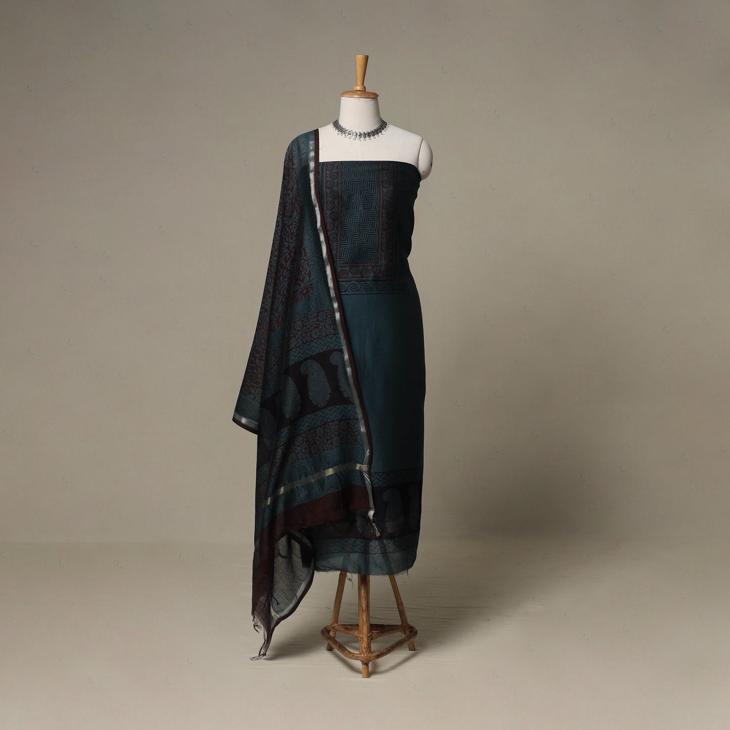 Bagh Hand Block Print Natural Dyed Chanderi Silk 3pc Unstitched Dress Material Suit Set 05