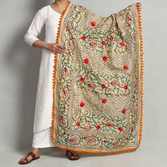 Orange - Ranihati Chanderi Silk Chapa Work Phulkari Embroidered Dupatta with Pom Pom