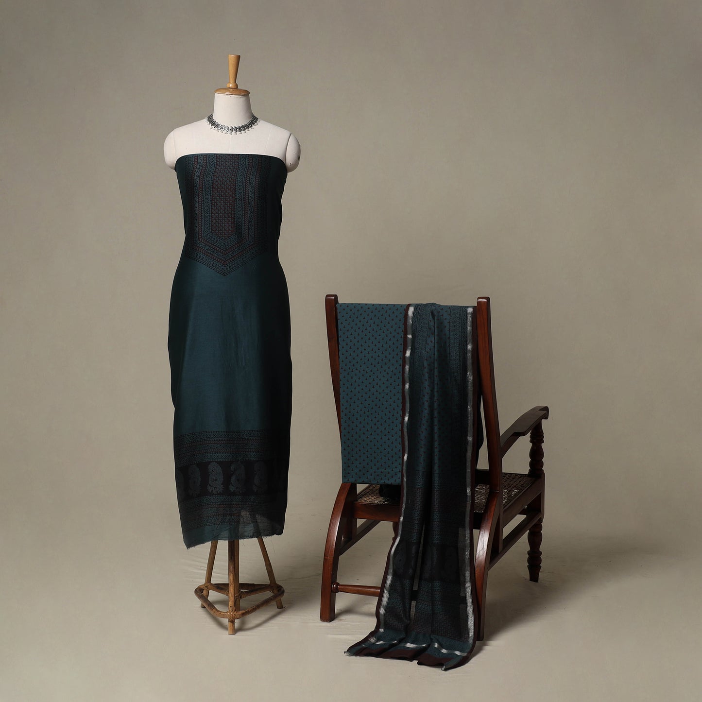 Bagh Hand Block Print Natural Dyed Chanderi Silk 3pc Unstitched Dress Material Suit Set 04