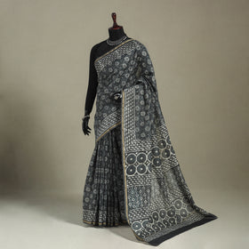 Block Print Chanderi Silk Bagru Saree with Zari Border