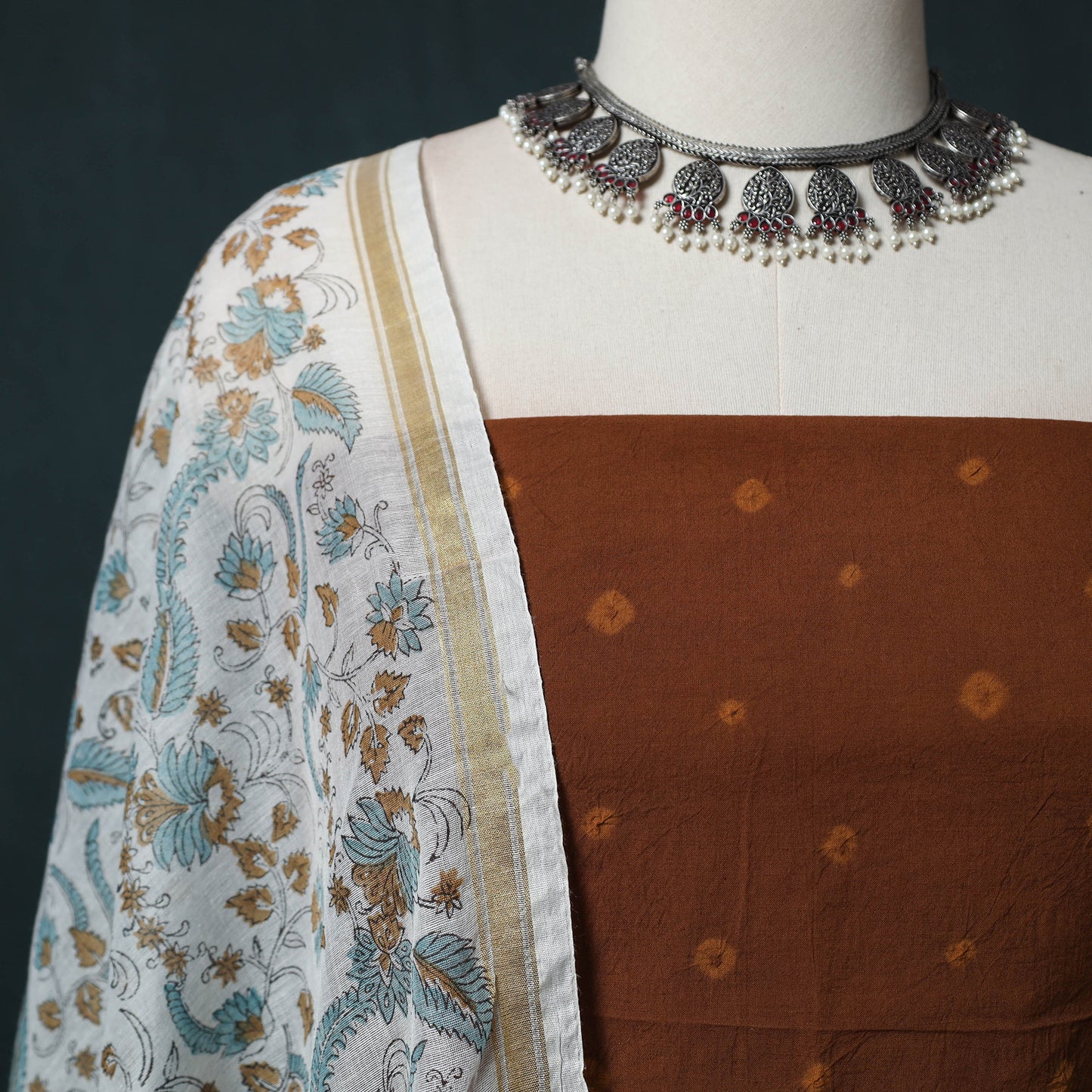 Kutch Bandhani Cotton 2pc Unstitched Dress Material Kurta Set with Earrings 30