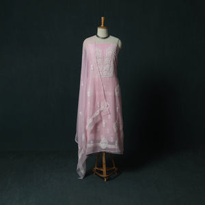 Lucknowi Chikankari Hand Embroidered Georgette 3pc Unstitched Dress Material Suit Set 45