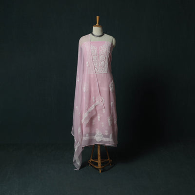 Lucknowi Chikankari Hand Embroidered Georgette 3pc Unstitched Dress Material Suit Set 45