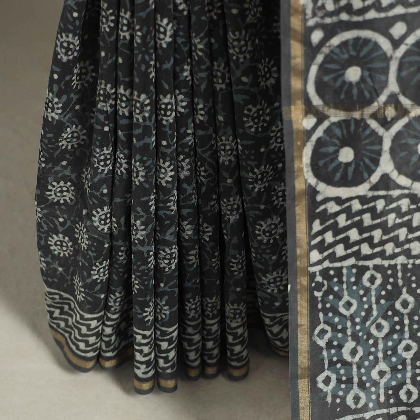 Block Print Chanderi Silk Bagru Saree with Zari Border