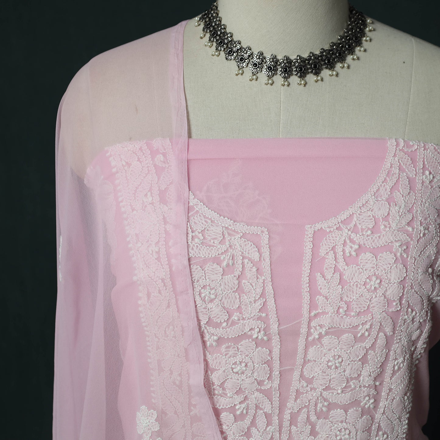 Lucknowi Chikankari Hand Embroidered Georgette 3pc Unstitched Dress Material Suit Set 45