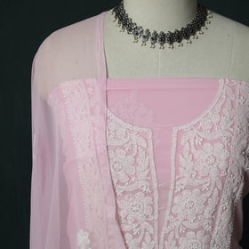 Lucknowi Chikankari Hand Embroidered Georgette 3pc Unstitched Dress Material Suit Set 45