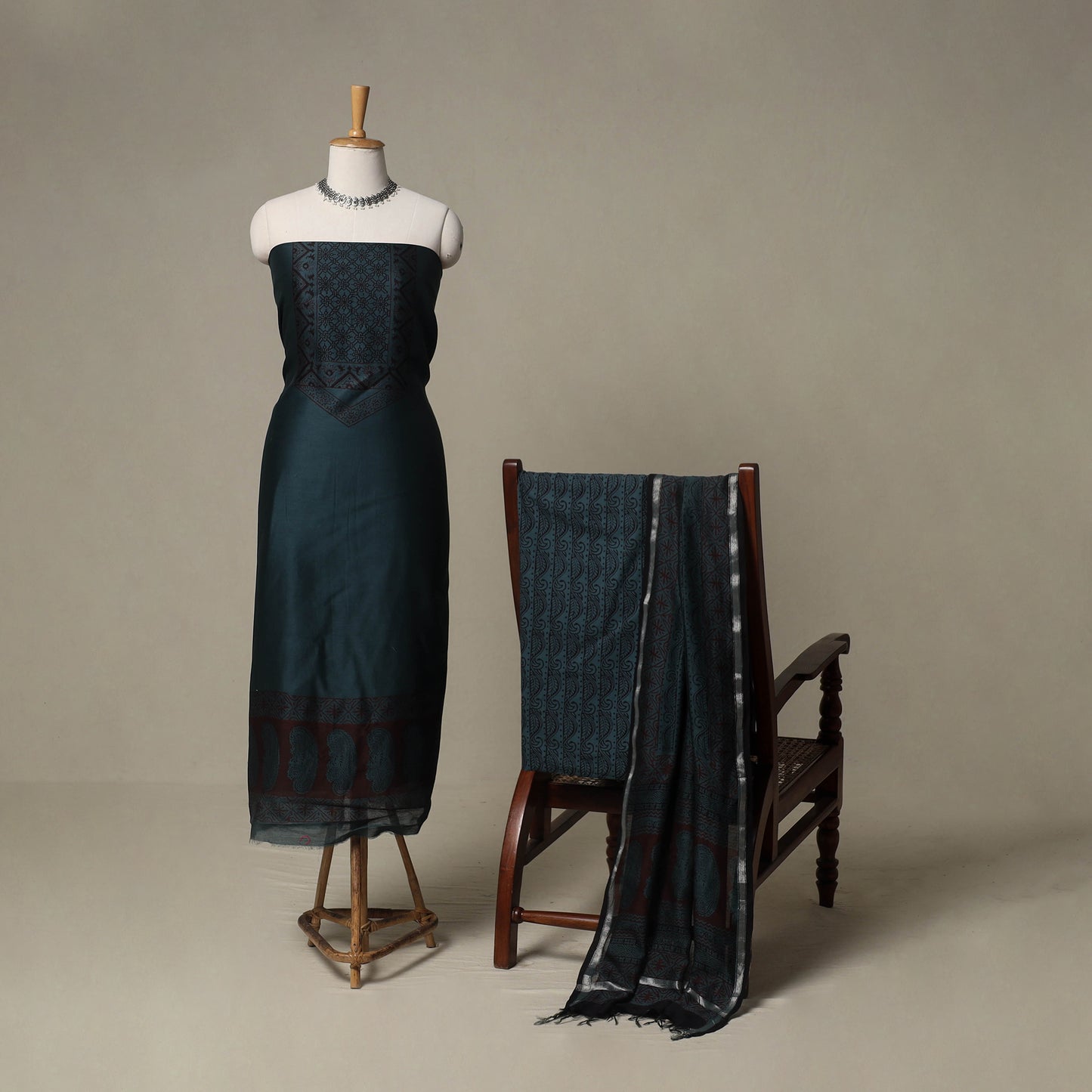 Bagh Hand Block Print Natural Dyed Chanderi Silk 3pc Unstitched Dress Material Suit Set 03