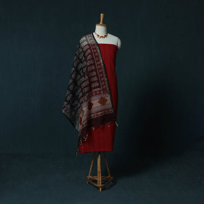 Red - Jacquard Cotton 2pc Unstitched Dress Material Kurta Set with Jewellery Set 06