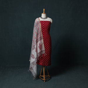 Red - Kutch Bandhani Cotton 2pc Unstitched Dress Material Kurta Set with Earrings 31