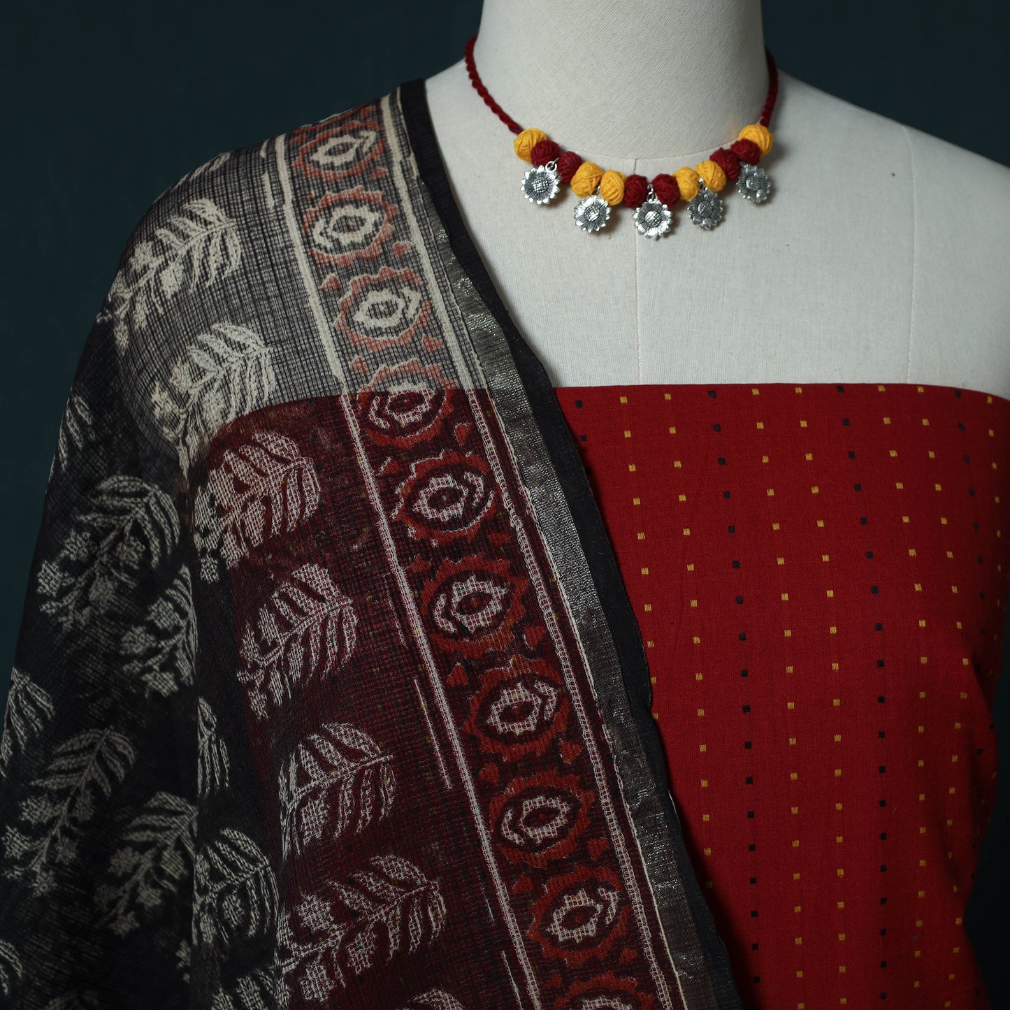 Red - Jacquard Cotton 2pc Unstitched Dress Material Kurta Set with Jewellery Set 06