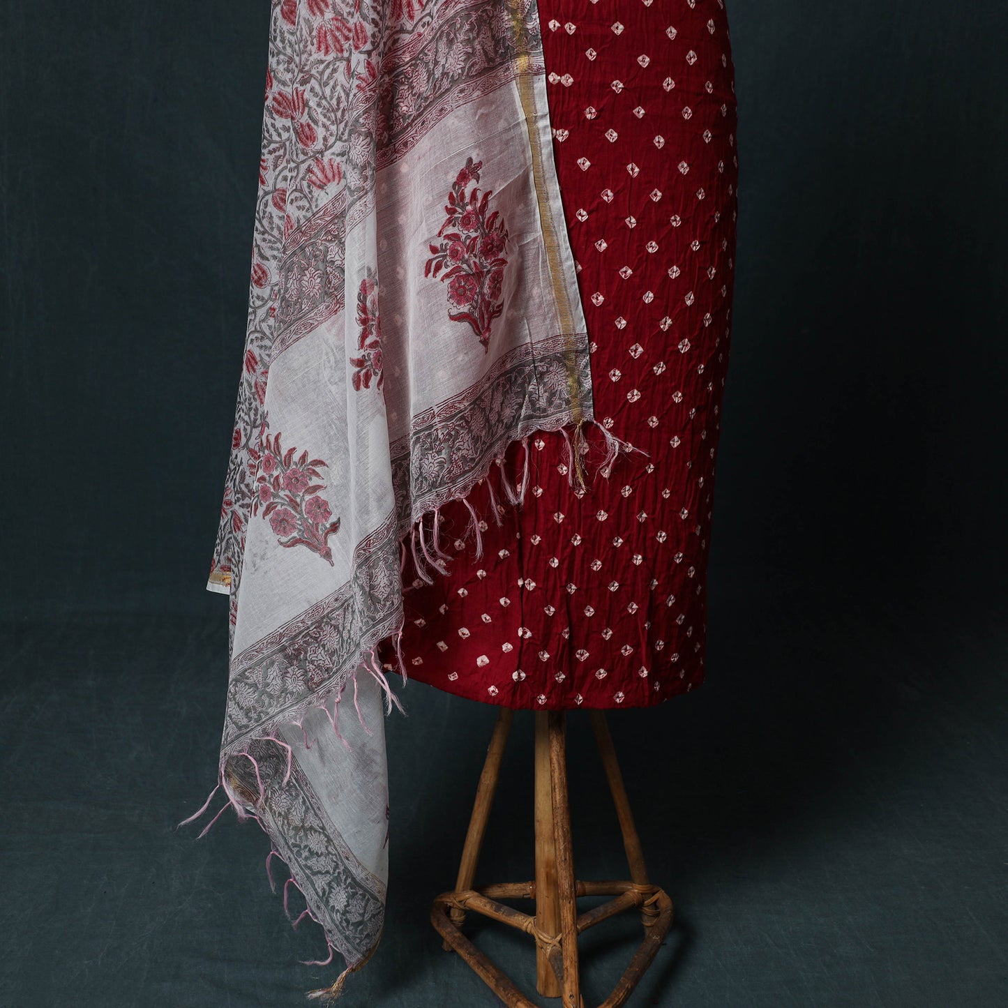 Kutch Bandhani Cotton 2pc Unstitched Dress Material Kurta Set with Earrings 31