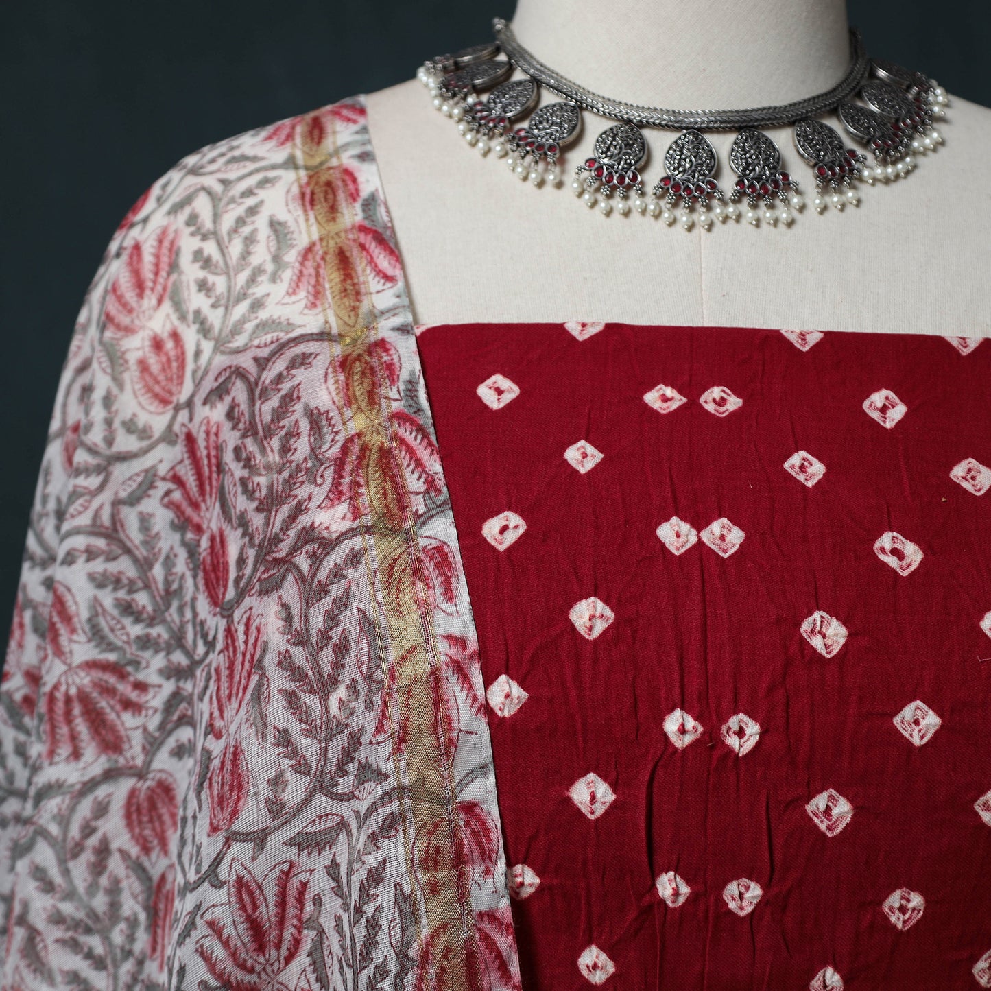 Kutch Bandhani Cotton 2pc Unstitched Dress Material Kurta Set with Earrings 31