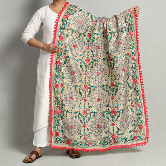 Pink - Ranihati Chanderi Silk Chapa Work Phulkari Embroidered Dupatta with Pom Pom