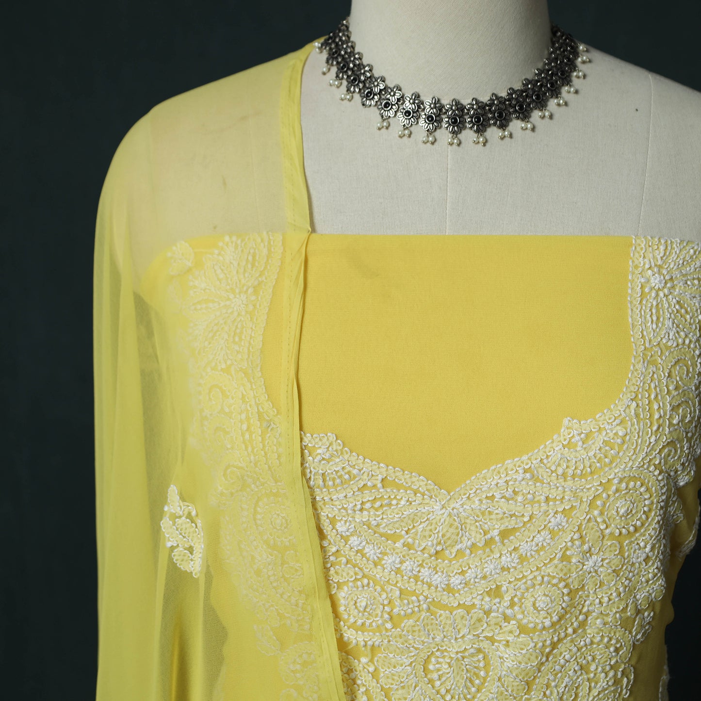 Lucknowi Chikankari Hand Embroidered Georgette 3pc Unstitched Dress Material Suit Set 46