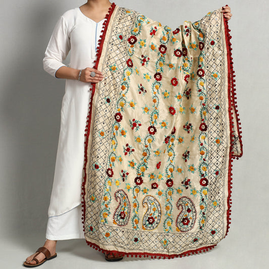 Ranihati Chanderi Silk Chapa Work Phulkari Embroidered Dupatta with Pom Pom