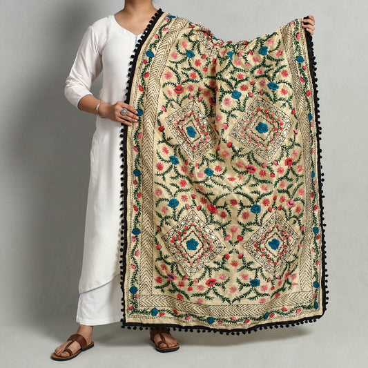 Black - Ranihati Chanderi Silk Chapa Work Phulkari Embroidered Dupatta with Pom Pom