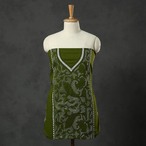 Green - Bengal Kantha Hand Embroidery Cotton Kurta Material - 2.8 Meter 30