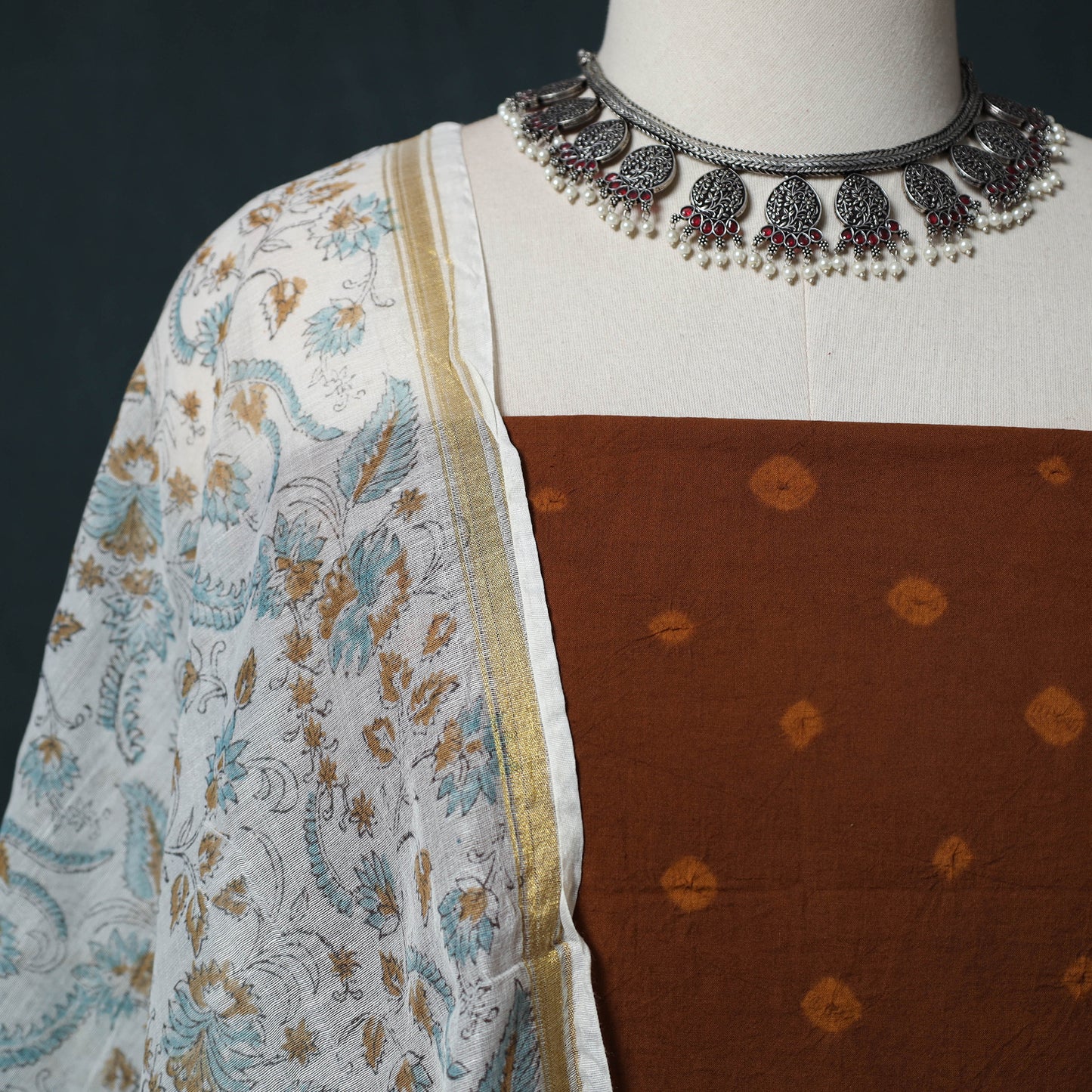 Kutch Bandhani Cotton 2pc Unstitched Dress Material Kurta Set with Earrings 33