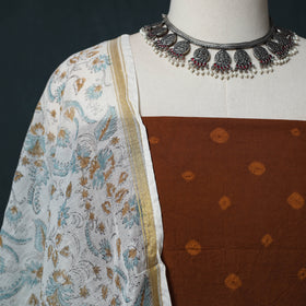 Kutch Bandhani Cotton 2pc Unstitched Dress Material Kurta Set with Earrings 33