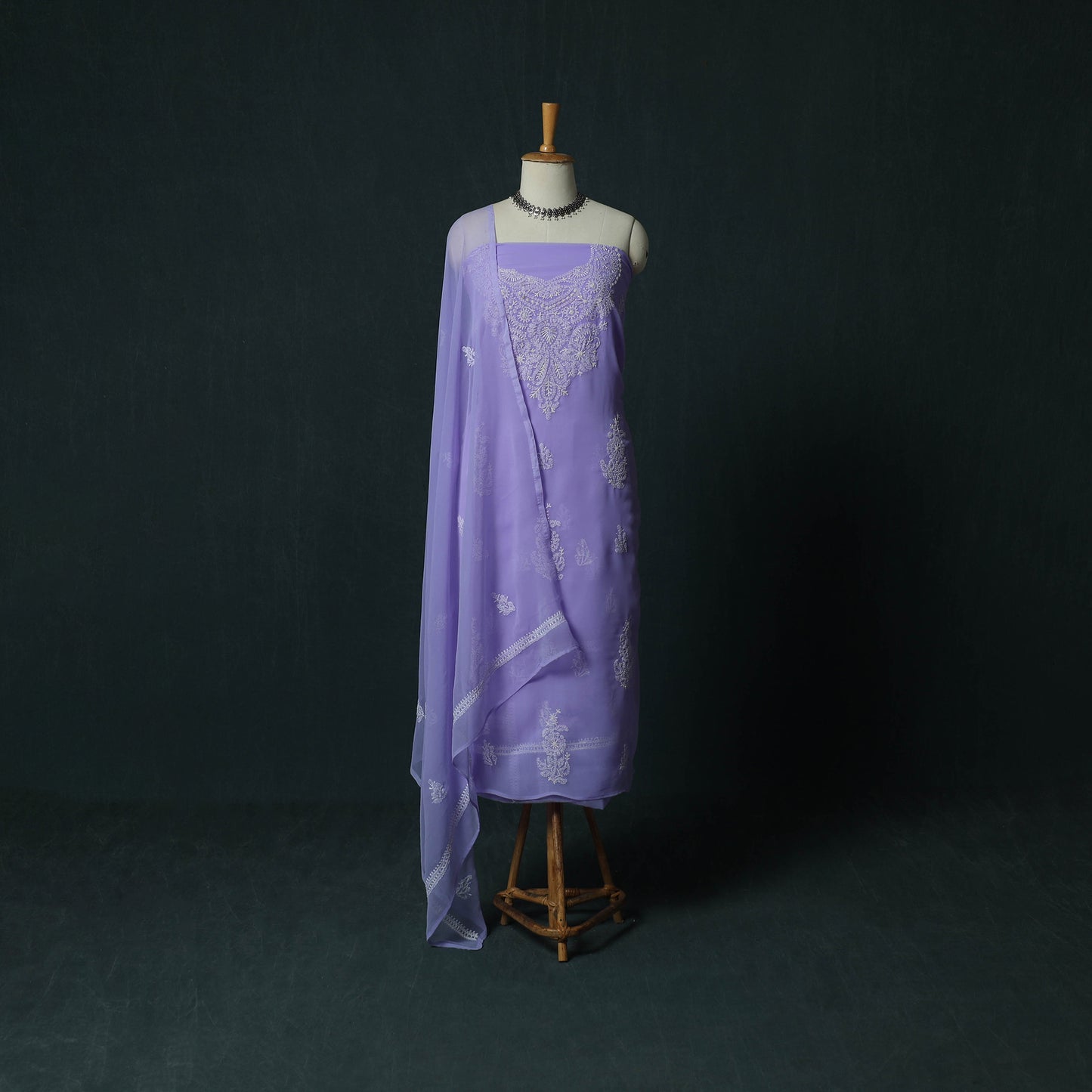Purple - Lucknowi Chikankari Hand Embroidered Georgette 3pc Unstitched Dress Material Suit Set 47