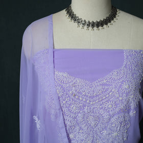 Purple - Lucknowi Chikankari Hand Embroidered Georgette 3pc Unstitched Dress Material Suit Set 47