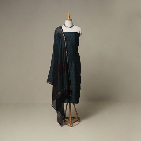 Bagh Hand Block Print Natural Dyed Chanderi Silk 3pc Unstitched Dress Material Suit Set 01