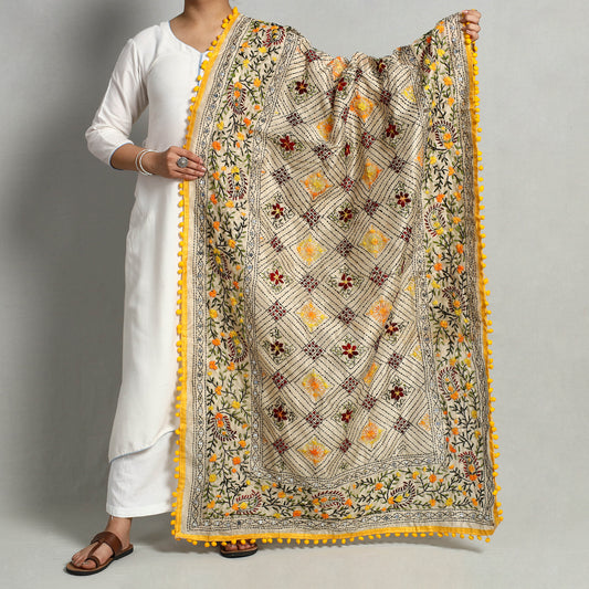 Yellow - Ranihati Chanderi Silk Chapa Work Phulkari Embroidered Dupatta with Pom Pom
