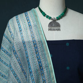Blue - Jacquard Cotton 2pc Unstitched Dress Material Kurta Set with Jewellery Set 08