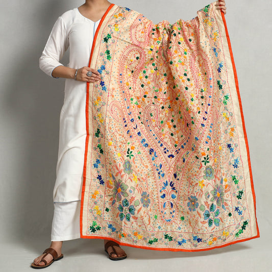 Orange - Ranihati Chanderi Silk Chapa Work Phulkari Embroidered Printed Dupatta