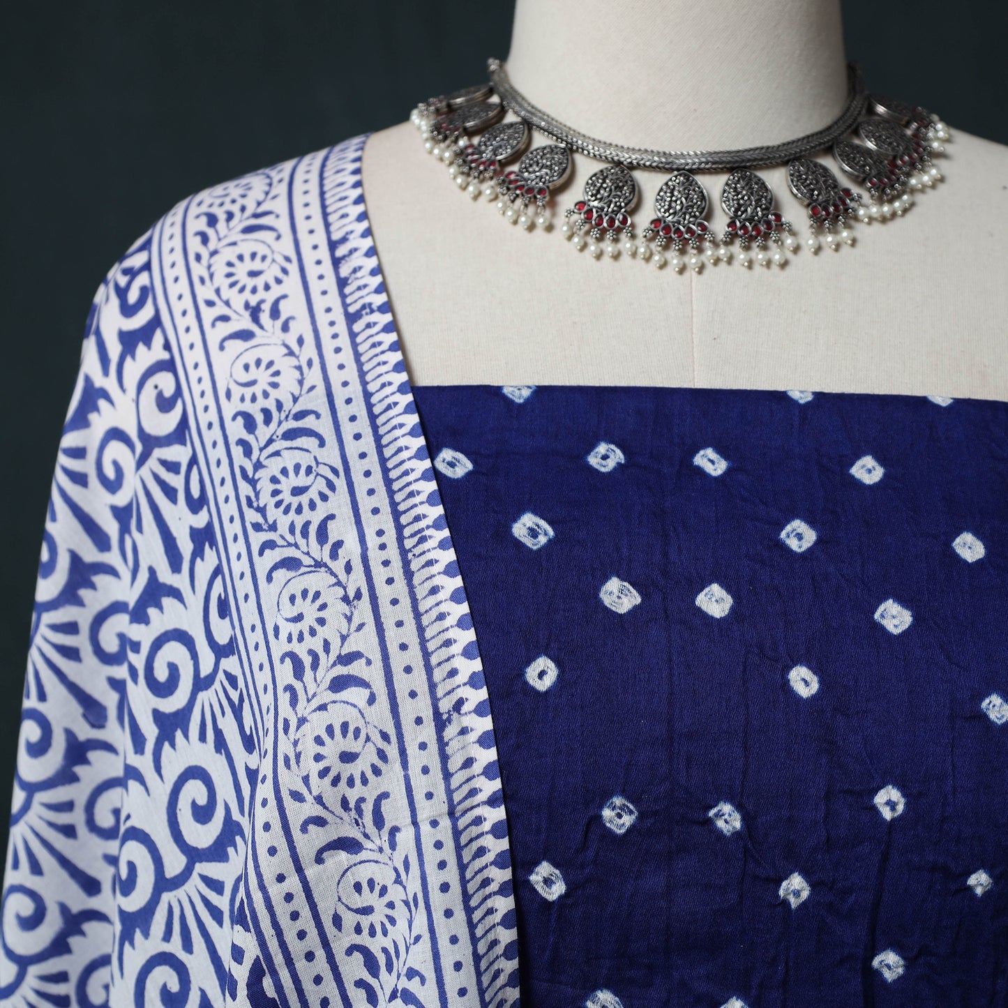 Kutch Bandhani Cotton 2pc Unstitched Dress Material Kurta Set with Earrings 34