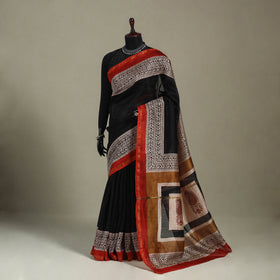 Block Print Chanderi Silk Bagru Saree with Zari Border