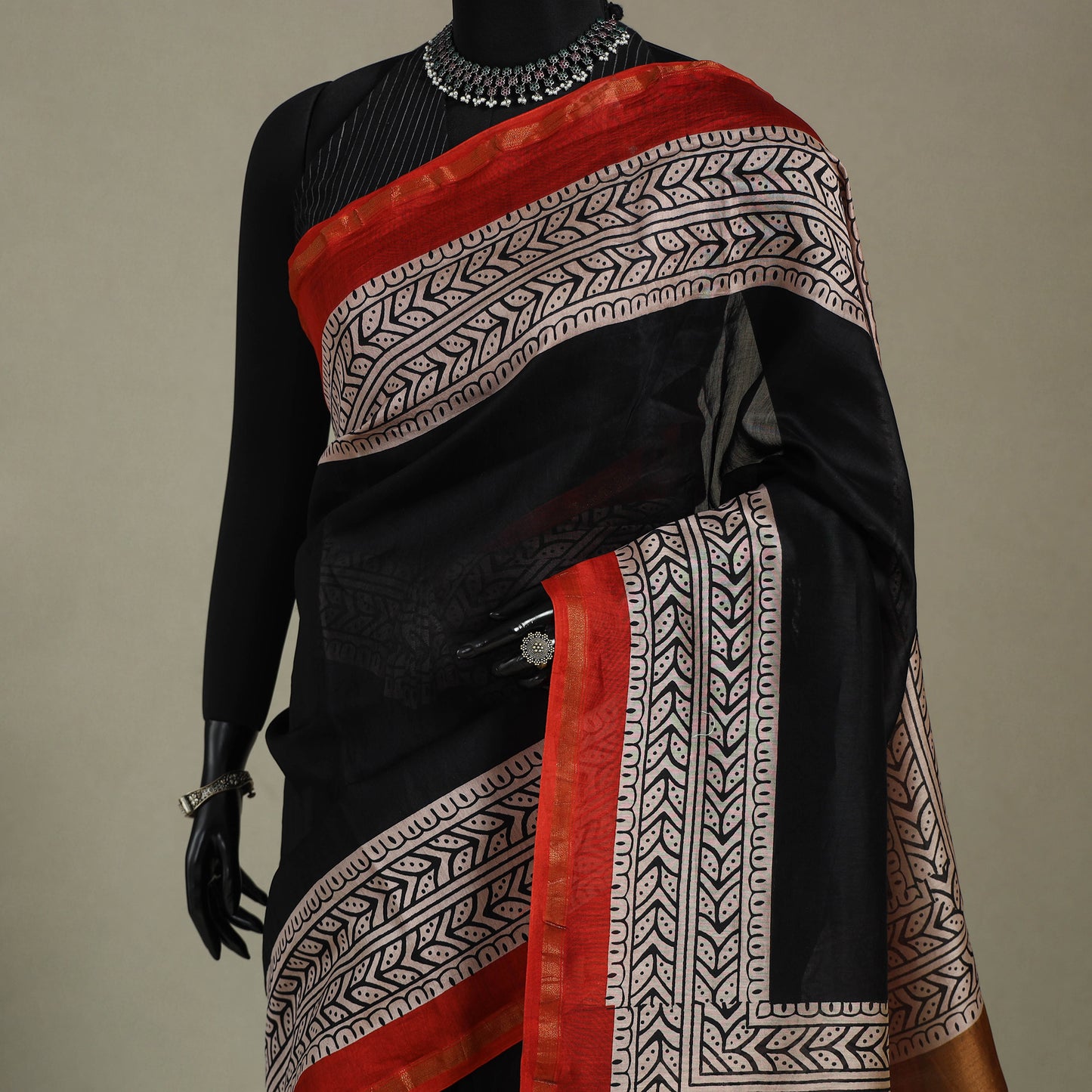 Block Print Chanderi Silk Bagru Saree with Zari Border