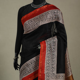 Block Print Chanderi Silk Bagru Saree with Zari Border