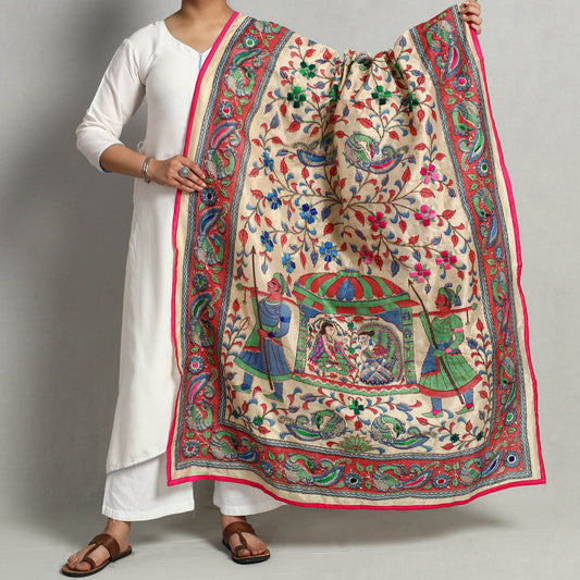 Pink - Ranihati Chanderi Silk Chapa Work Phulkari Embroidered Printed Dupatta