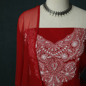 Lucknowi Chikankari Hand Embroidered Georgette 3pc Unstitched Dress Material Suit Set 48