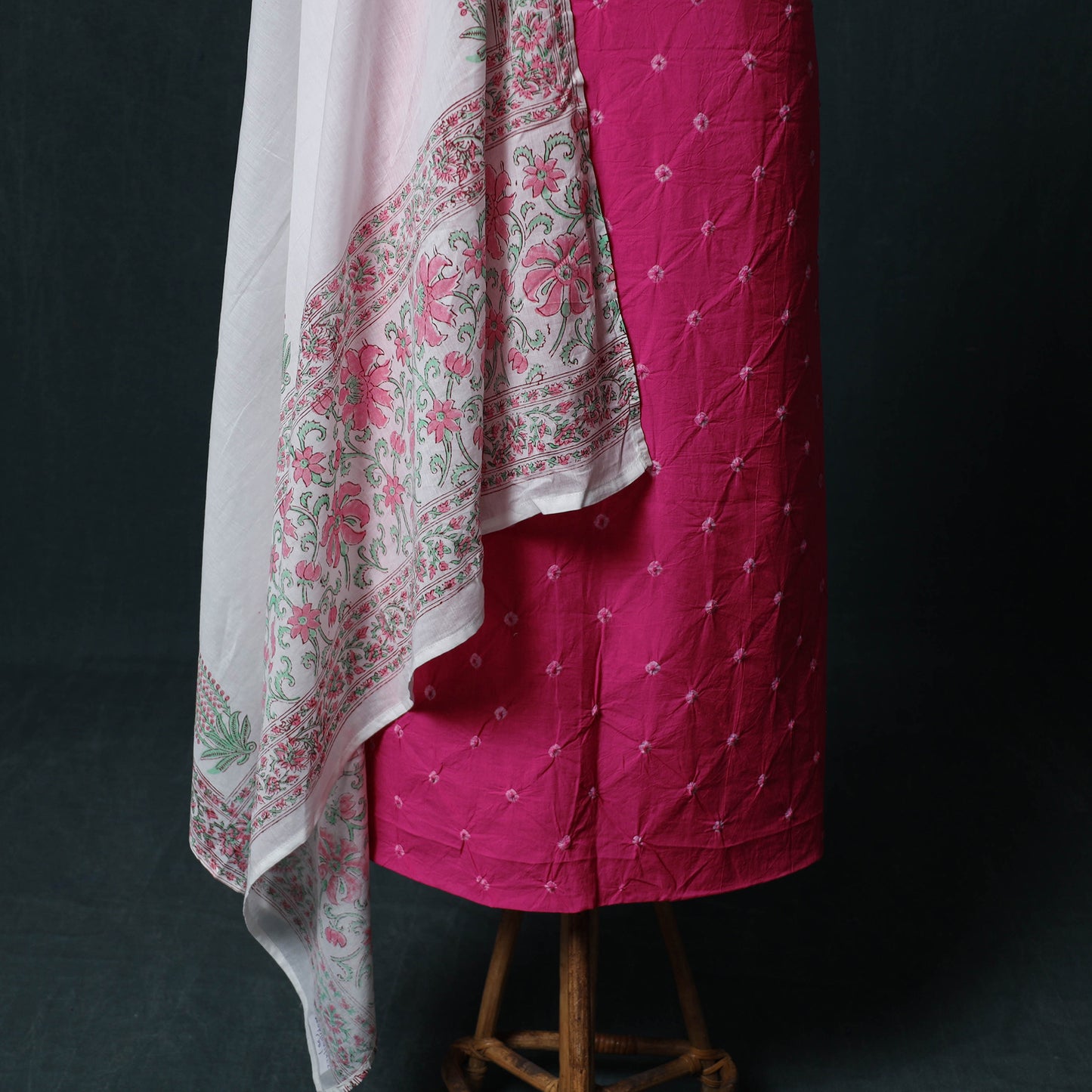 Kutch Bandhani Cotton 2pc Unstitched Dress Material Kurta Set with Earrings 35