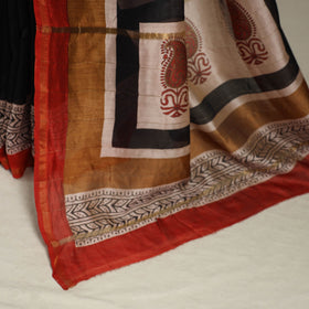 Block Print Chanderi Silk Bagru Saree with Zari Border