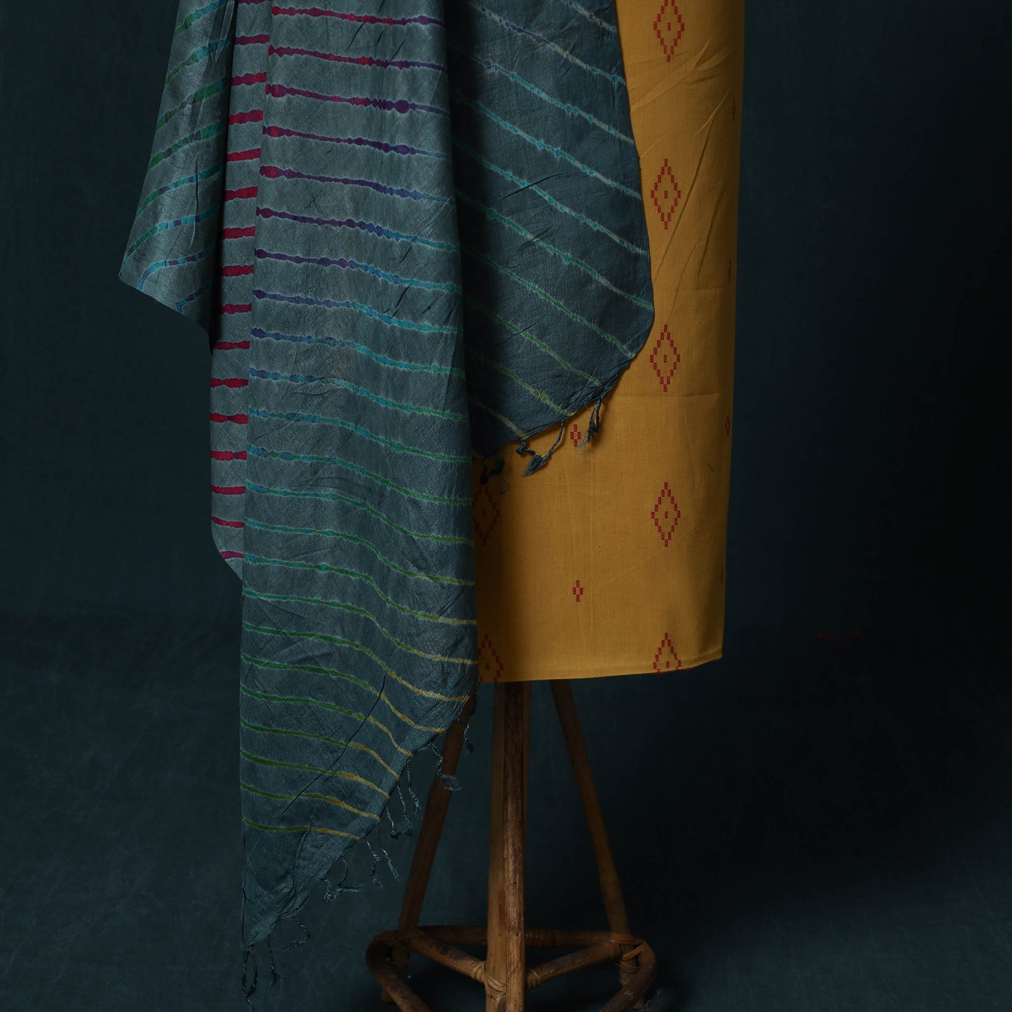 Yellow - Jacquard Cotton 2pc Unstitched Dress Material Kurta Set with Jewellery Set 09