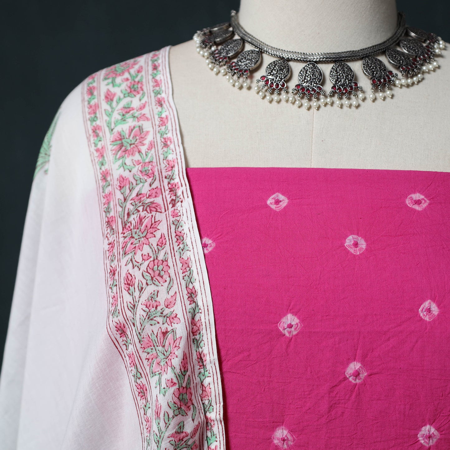 Kutch Bandhani Cotton 2pc Unstitched Dress Material Kurta Set with Earrings 35