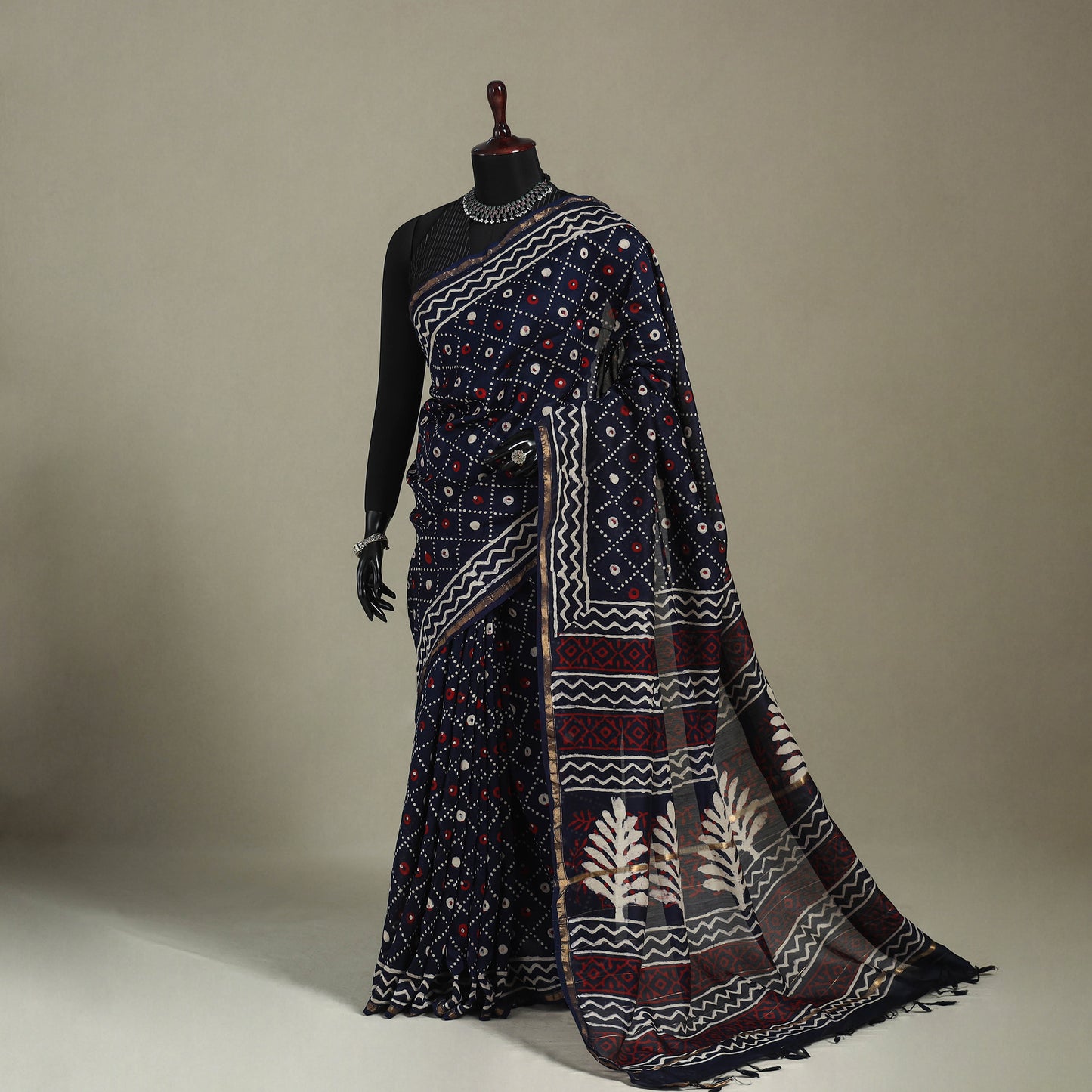 Block Print Chanderi Silk Bagru Saree with Zari Border