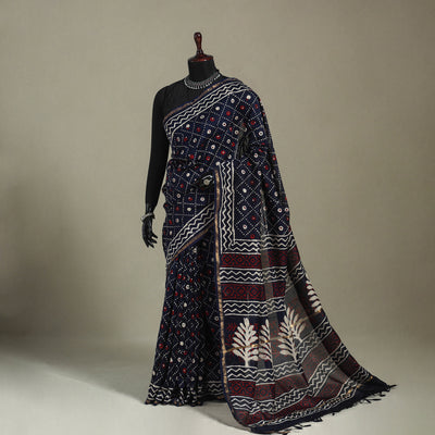 Block Print Chanderi Silk Bagru Saree with Zari Border