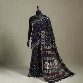 Block Print Chanderi Silk Bagru Saree with Zari Border